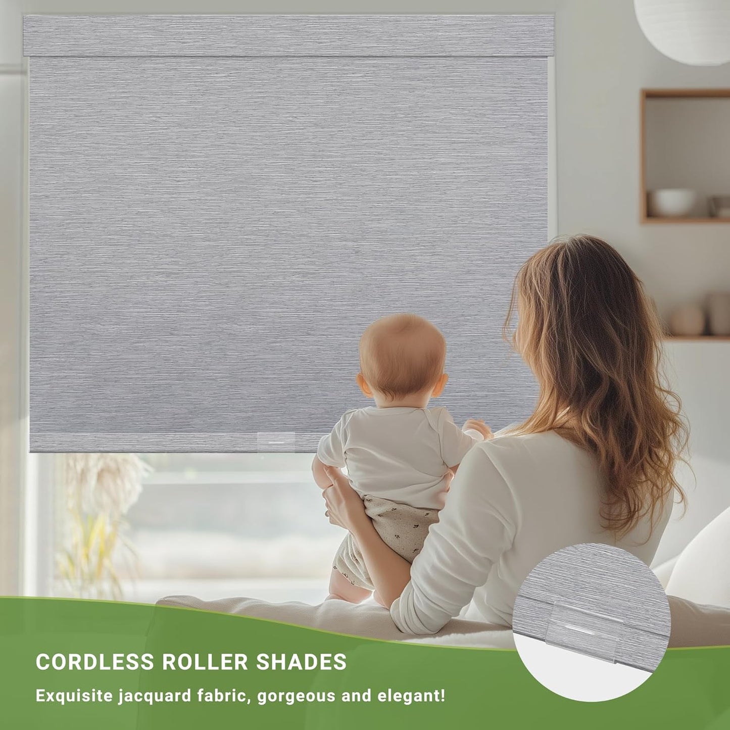 Blackout Roller Shades for Indoor Windows, Cordless Jacquard Fabric-Matched Roller Blinds, Easy to Install Privacy UV Protection Roll Up Blinds for Home Office, Grey, 35" W x 72" H