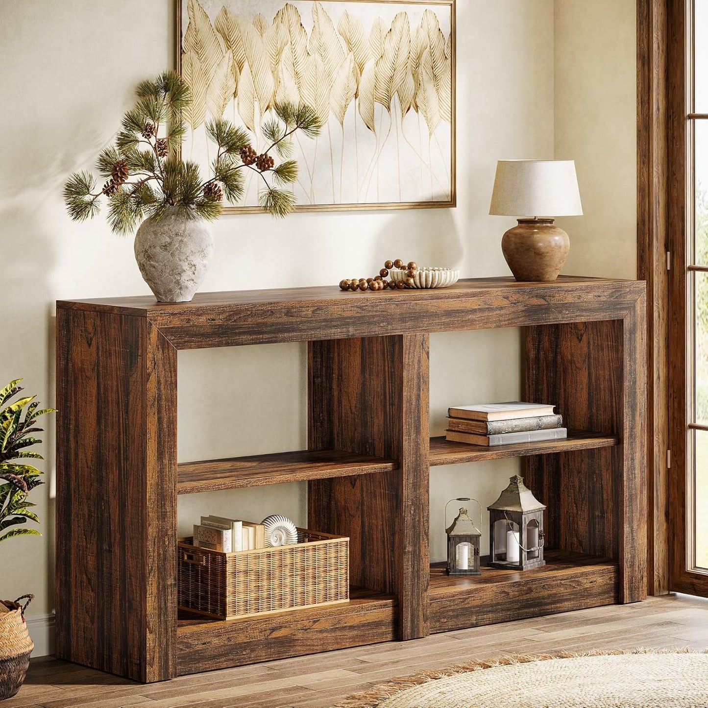Tribesigns 59-Inch Farmhouse Entryway Table, 3-Tier Console Tables for Living Room, Wood Console Behind Couch for Living Room, Hallway, Foyer, Rustic Brown
