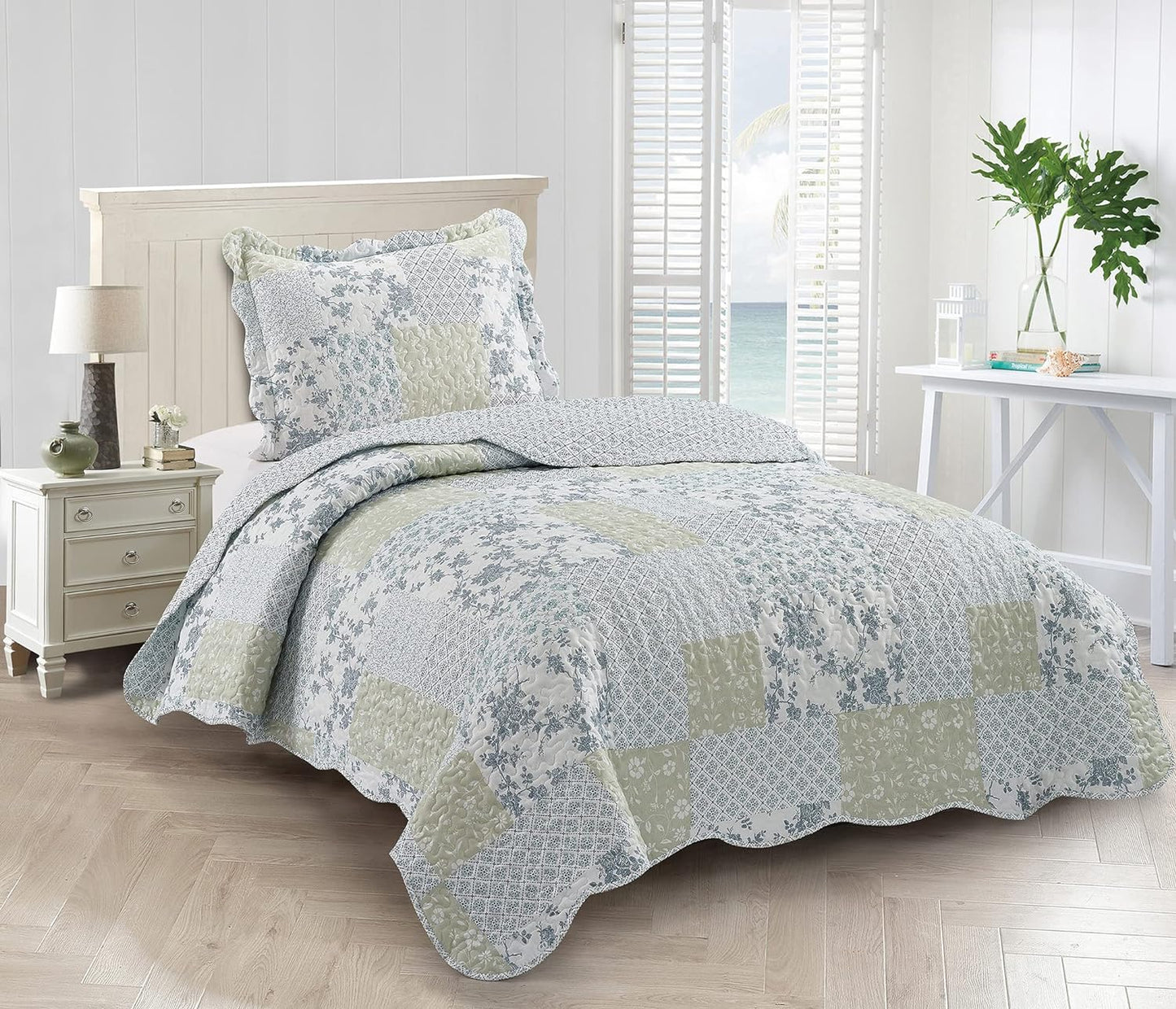 Brilliant Sunshine Multi Blue and Beige Floral Patchwork, 2-Piece Quilt Set with 1 Sham, Reversible Bedspread, Soft Lightweight Coverlet, All-Season, Twin, Blue White