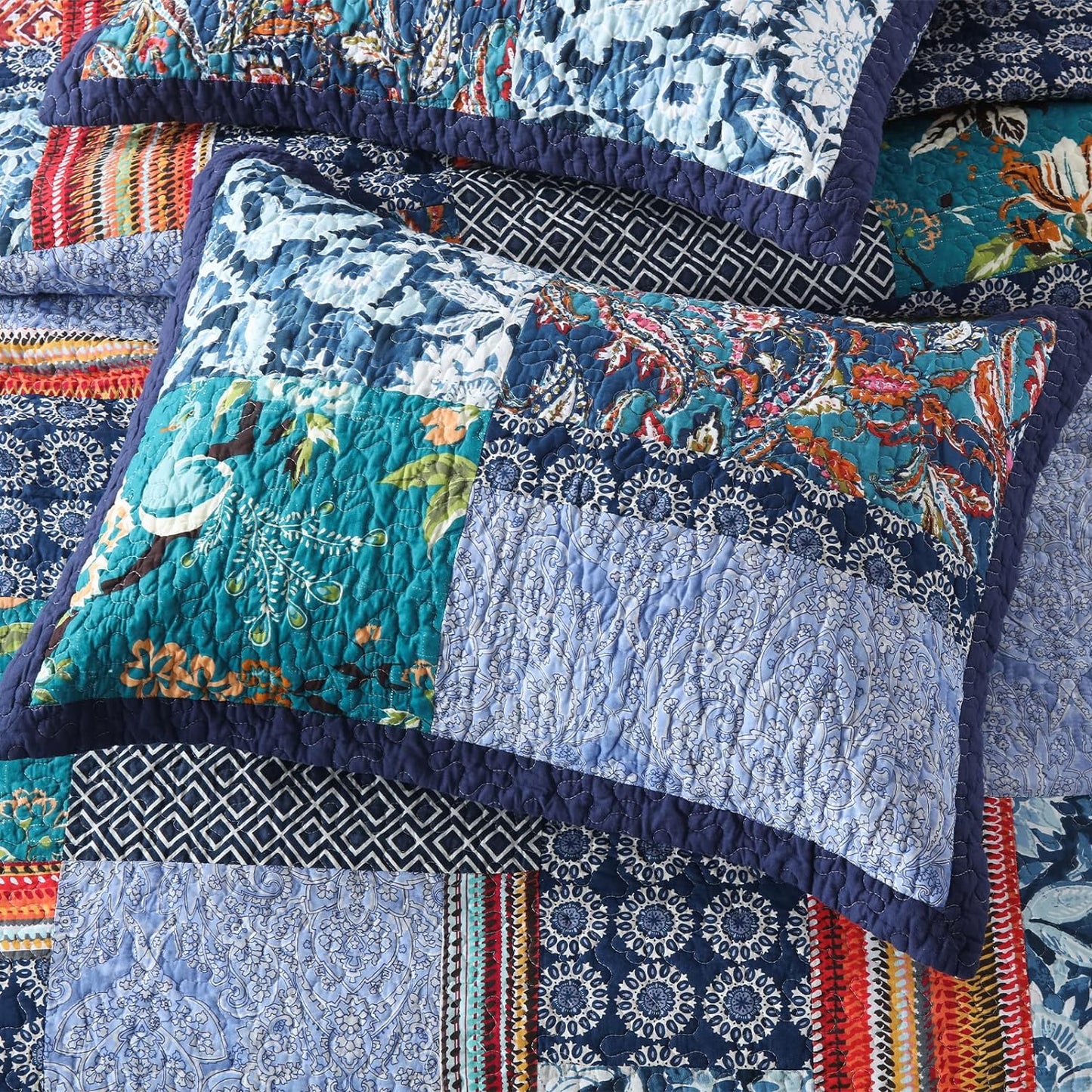 Yvooxny King Quilt Set Reversible Lightweight Bohemian Paisley Patchwork Cotton Quilted Bedspread Coverlet Set 3-Piece Bedding Set with Pillowcases for All Seasons, King Size, 108 * 96 Inches