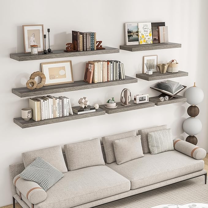 RICHFOCUS 55Inch Floating Shelves for Wall 1 Pack Shelves for Bedroom|Kitchen|Bathroom Wall Mounted Rustic Wood Floating Shelf with Invisible Brackets for Books|Storage|Decor, Grey