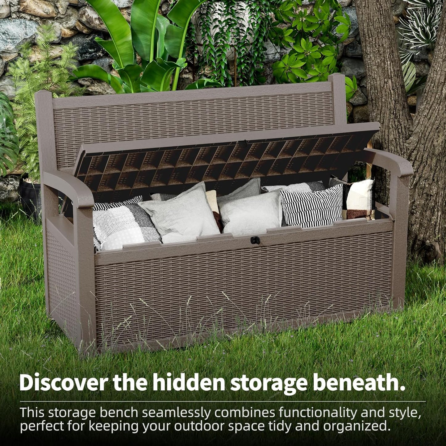 80 Gallon Storage Bench Deck Box Waterproof Lockable,Outdoor Storage Furniture for Patio,Garden and Cushions(Gray)