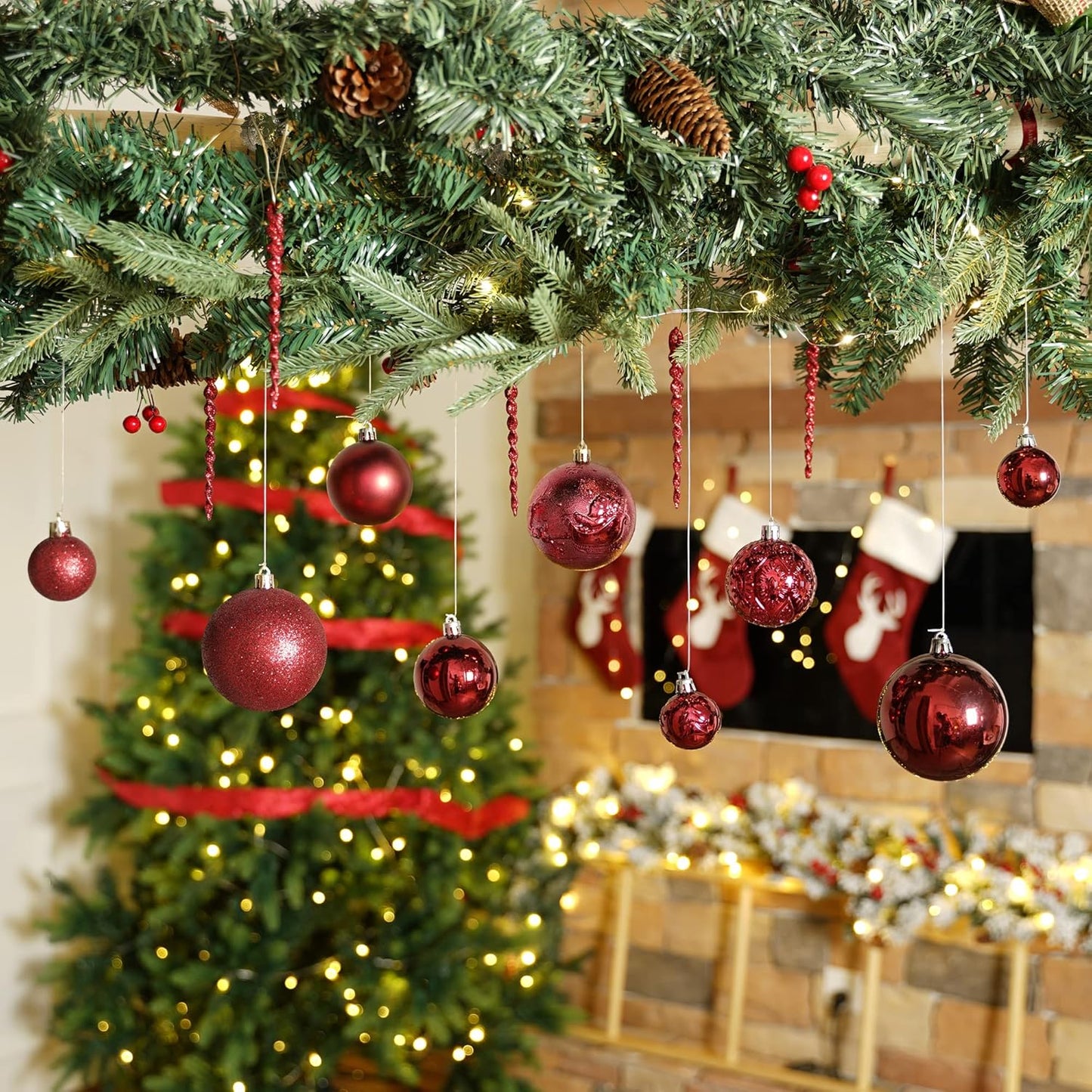 Christmas Ball Ornaments for Christmas Decorations - 41 Pieces Xmas Tree Shatterproof Ornaments with Hanging Loop for Holiday and Party Decoration (Wine Red)