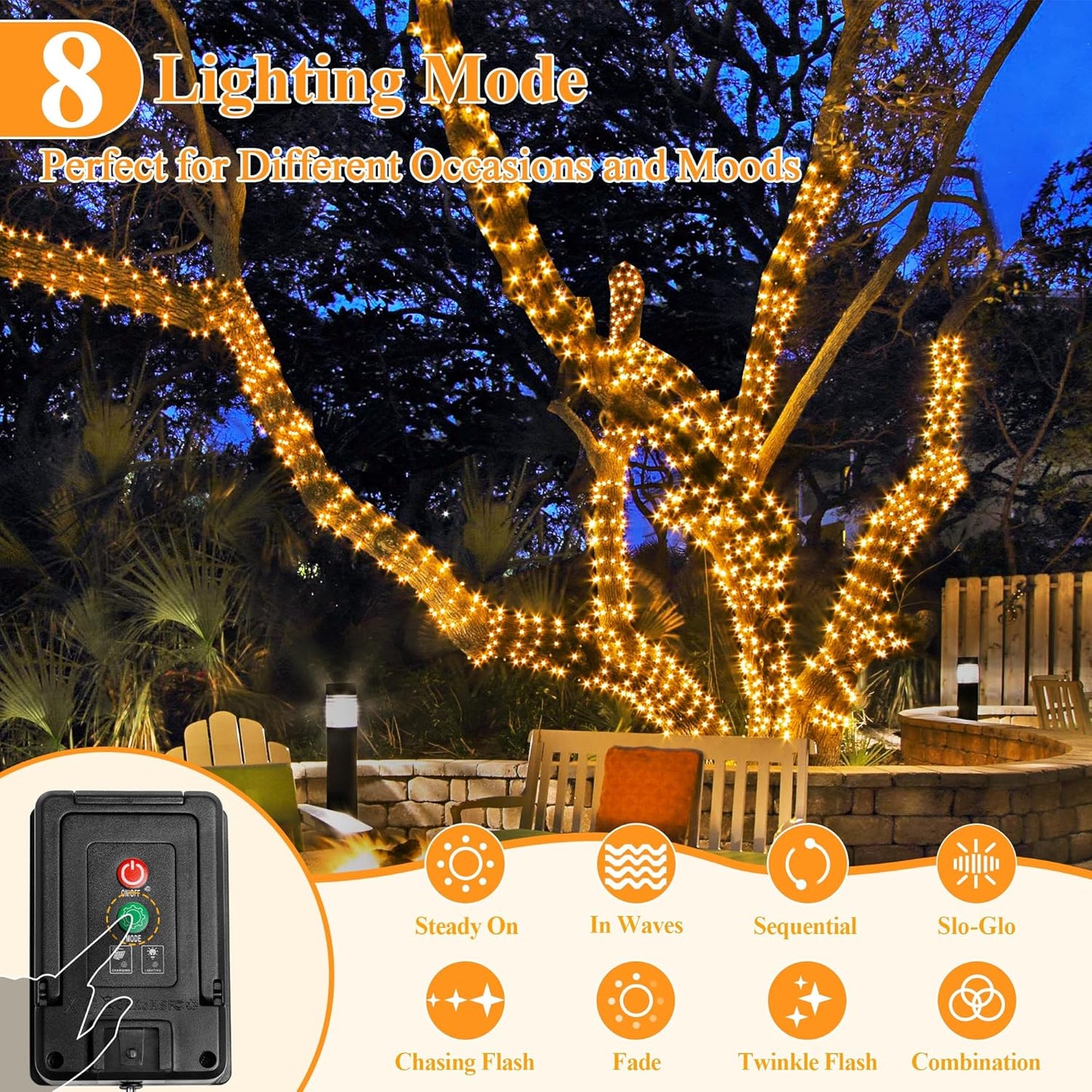 Solar String Lights 120LED 40FT, IP67 Waterproof Solar Lights for Outside with 8 Lighting Modes, Upgraded Solar Panel Fairy Lights for Garden Party Wedding Decorations (Warm White)