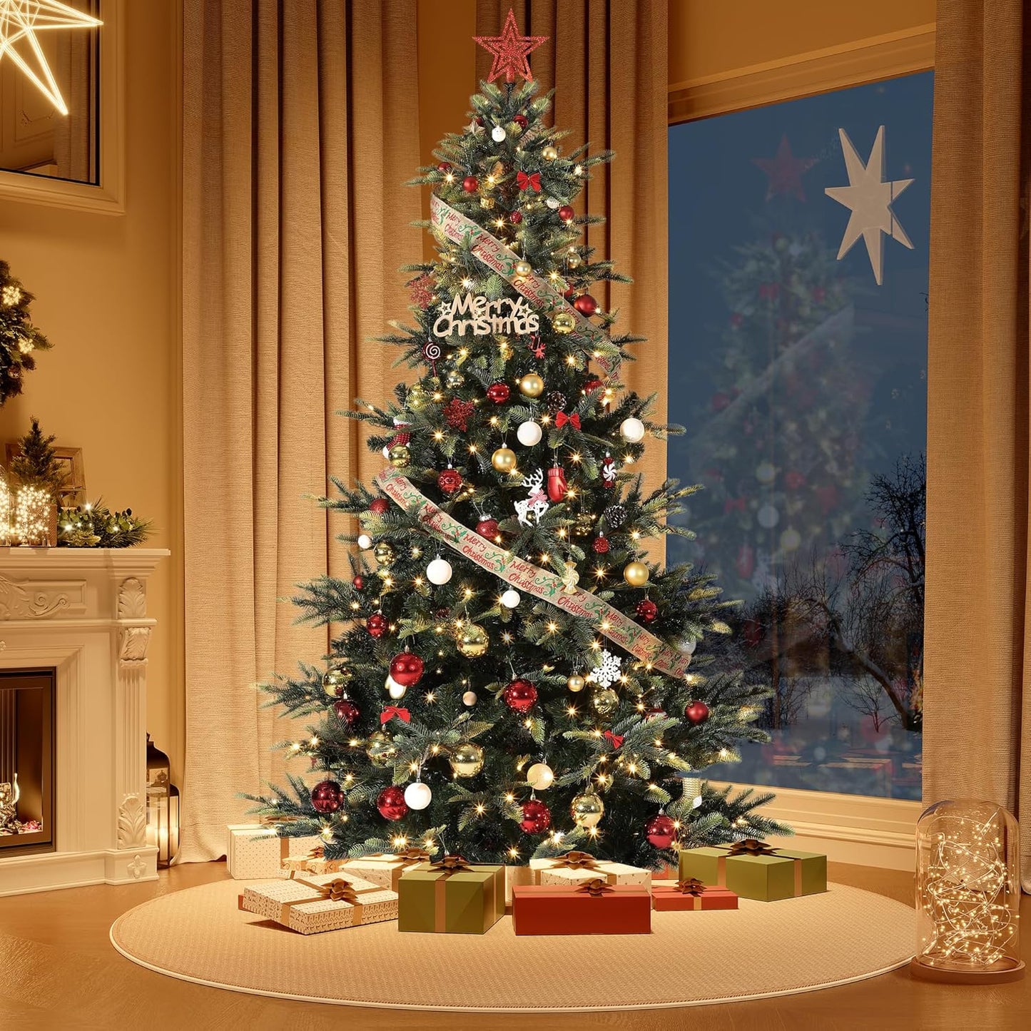GarveeHome 9 FT Artificial Pre-lit Christmas Tree, Green PVC&PE Full Christmas Tree with 700 Warm White Lights for Home, Office, and Xmas Party Décor, Includes Stand