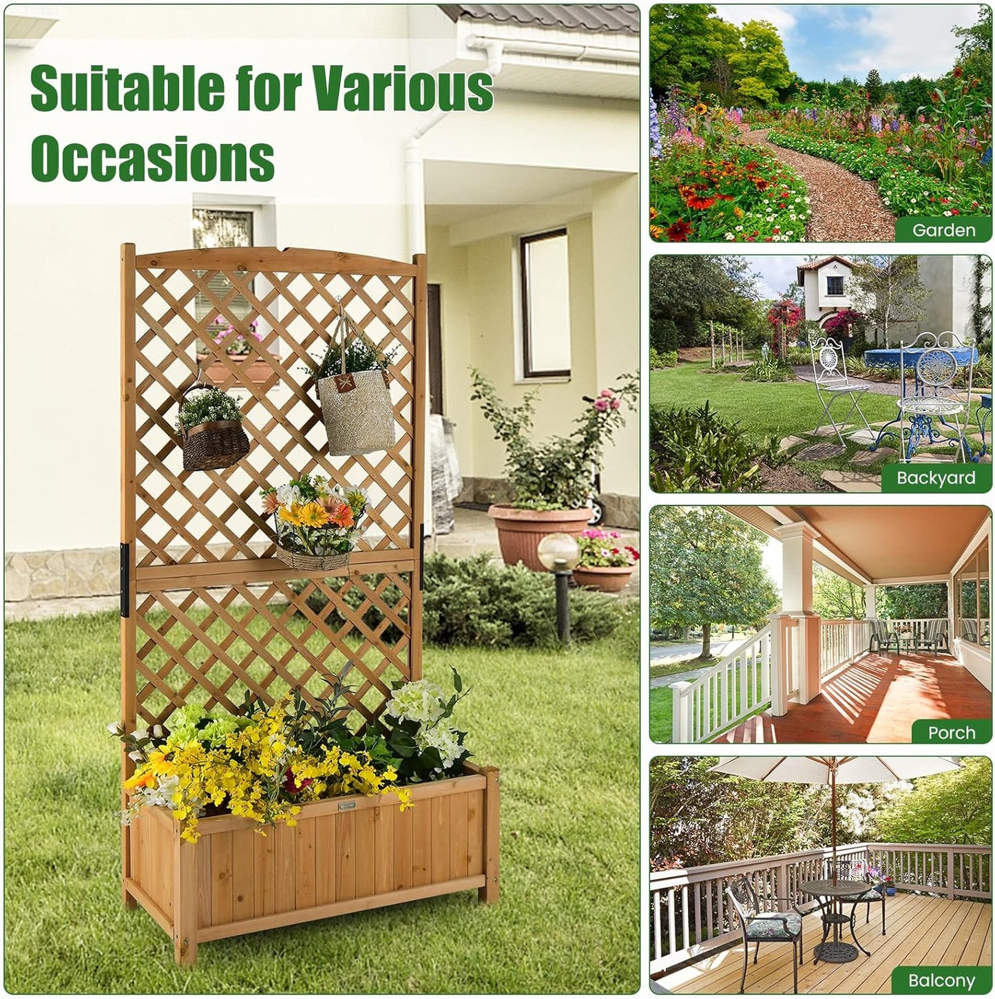 HAPPYGRILL 2 Pcs Raised Garden Bed, 71" Garden Planter with Trellis, Drainage Holes, Freestanding Garden Planter for Vine Climbing Plants, Wooden Planter Box for Yard Balcony (Yellow)