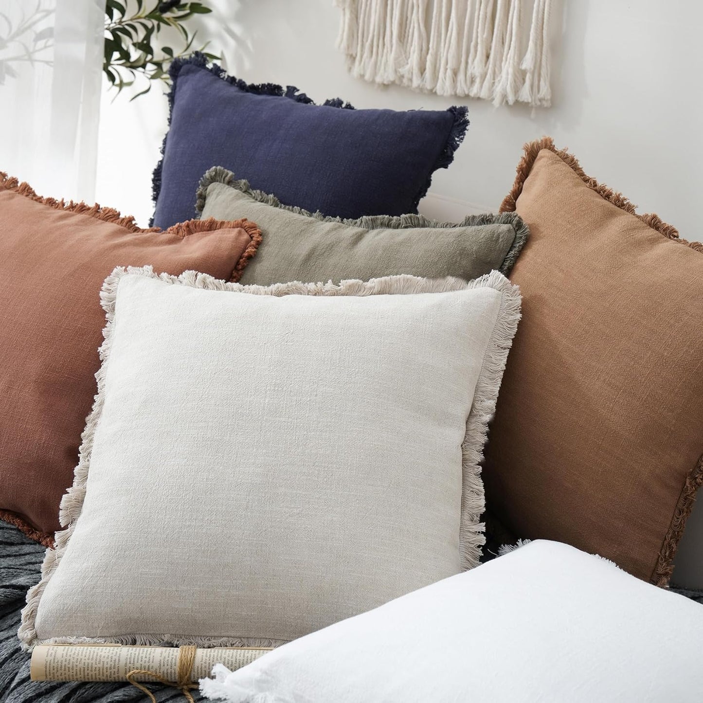 Foindtower Set of 2 Decorative Linen Fringe Throw Pillow Covers Cozy Farmhouse Boho Cushion Cover with Tassels Soft Accent Pillowcase for Couch Sofa Bed Living Room Home Decor 20×20 Inch Beige