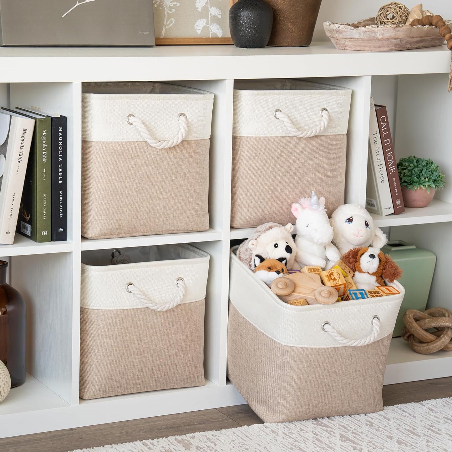 OrganiHaus 12x12 Cube Storage Bins 4 Pack, Foldable Cube Storage Organizer w/ Rope Handles, Collapsible Fabric Bins for Toys, Clothes & Closet Organization, Fabric Square Baskets - Beige/White
