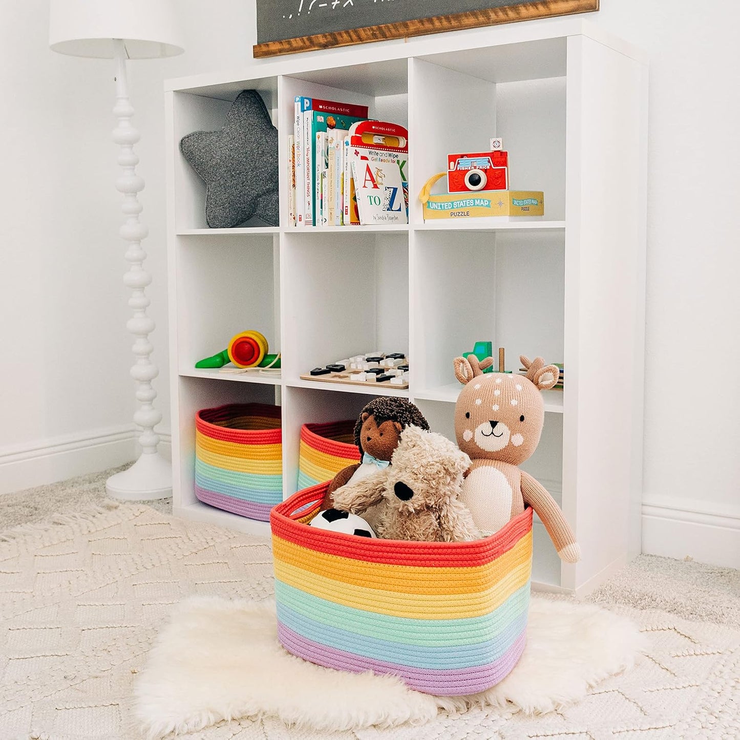 OrganiHaus Rainbow Woven Storage Baskets for Organizing, Cotton Rope Organizer Bins for Shelves, Closet & Nursery, Dog Toy Basket, Decorative Bins for Toys, Towels & Books - 15x10x9
