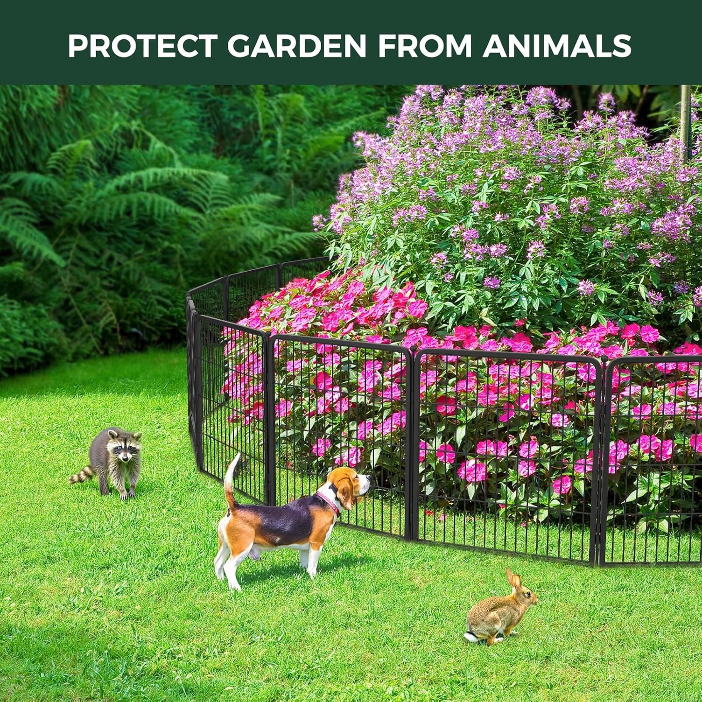 FXW Garden Fence 24in(H) x 11.1ft(L), 6 Panels Decorative Dog Fence Outdoor for The Yard – Heavy Duty Metal Animal Barrier for Dog and Rabbit, Easy Setup, Black