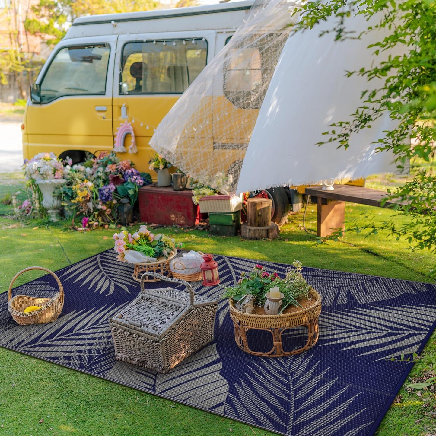 GENIMO Outdoor Rug 5' x 8' Waterproof for Patios Clearance, Reversible Outdoor Plastic Straw Camping Rug Carpet, Large Area Rugs Mats for RV, Picnic, Backyard, Deck, Balcony, Porch, Beach, Blue&Grey