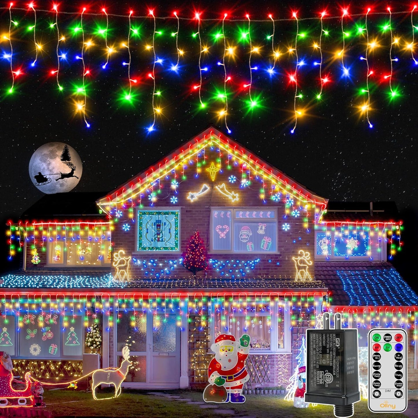 Ollny Icicle Lights for Outside 720LED 60FT, Multicolor Christmas Lights with Remote 8 Modes Dimmable, Waterproof Connectable Timer Hanging Light for House Outdoor Yard Indoor Decorations