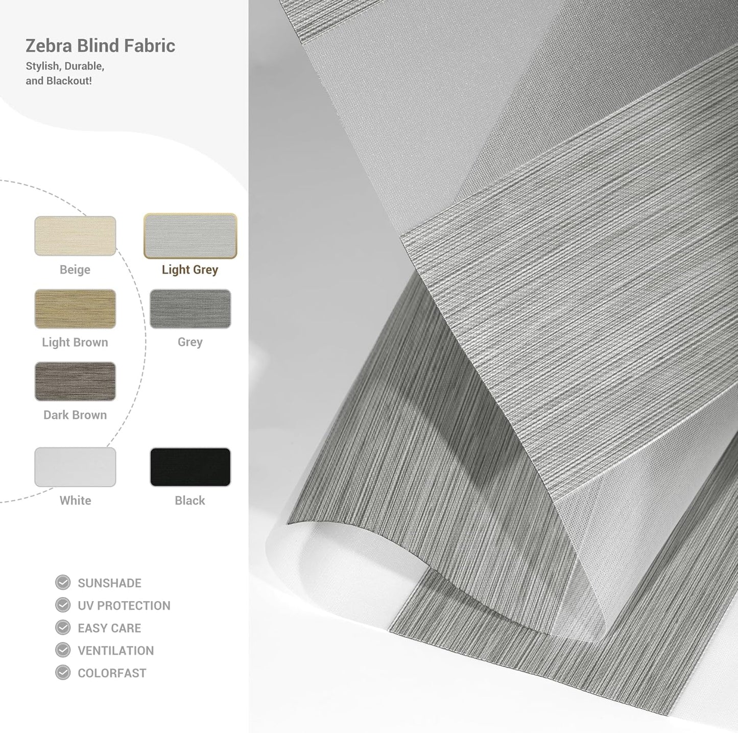 Cordless Zebra Blinds for Windows, Blackout Interior Blinds,Easy to Install,UV Protection,for Offices and Home,Custom Roller Shades, Mousse Light Grey,62" W x 72" H