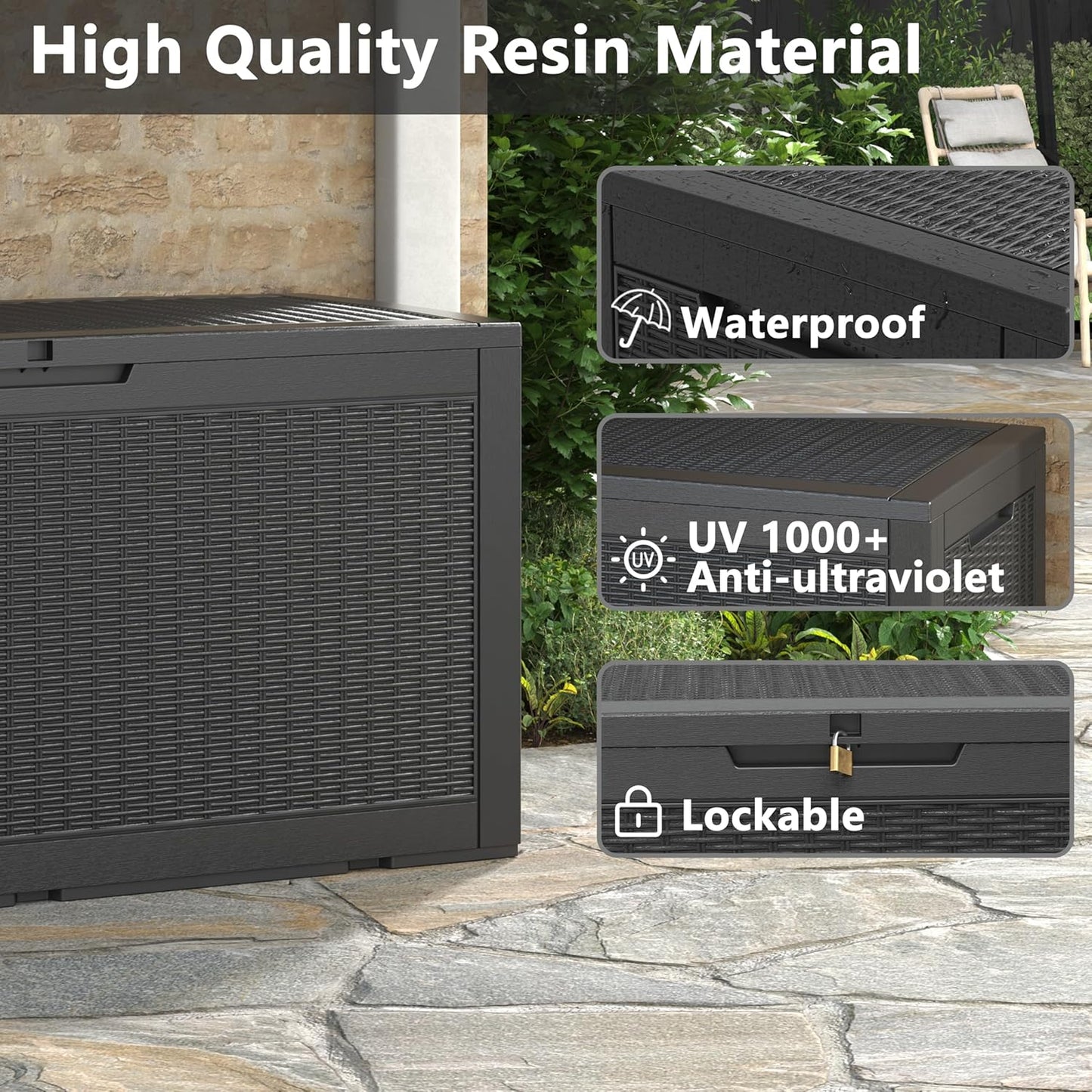 KAMABOKO 101 Gallon Waterproof Large Resin Deck Box, Lockable Large Outdoor Storage Boxes Indoor Outdoor Storage Container for Patio Cushions, Gardening Tools, Pool Supplies, Black