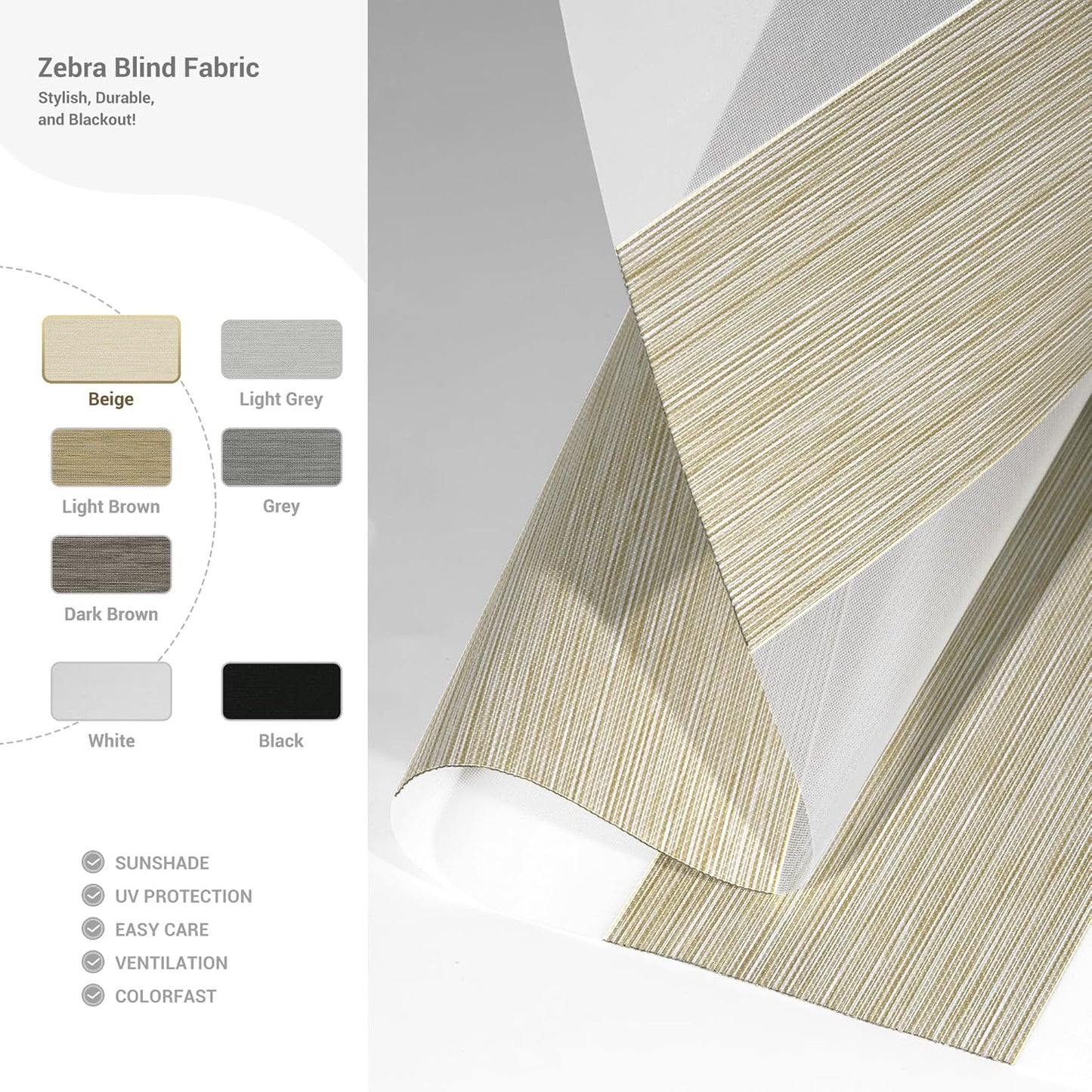 Cordless Zebra Blinds for Windows, Blackout Interior Blinds,Easy to Install,UV Protection,for Offices and Home,Custom Roller Shades, Mousse Beige,37" W x 36" H