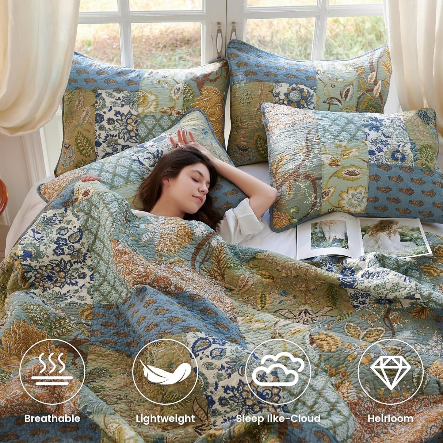 Secgo Twin Size Quilt Size - 100% Cotton Comforter Set Bedding Sets (68 * 86 Inch) with 2 Pillow Shams, Patchwork Reversible Lightweight Bedspread