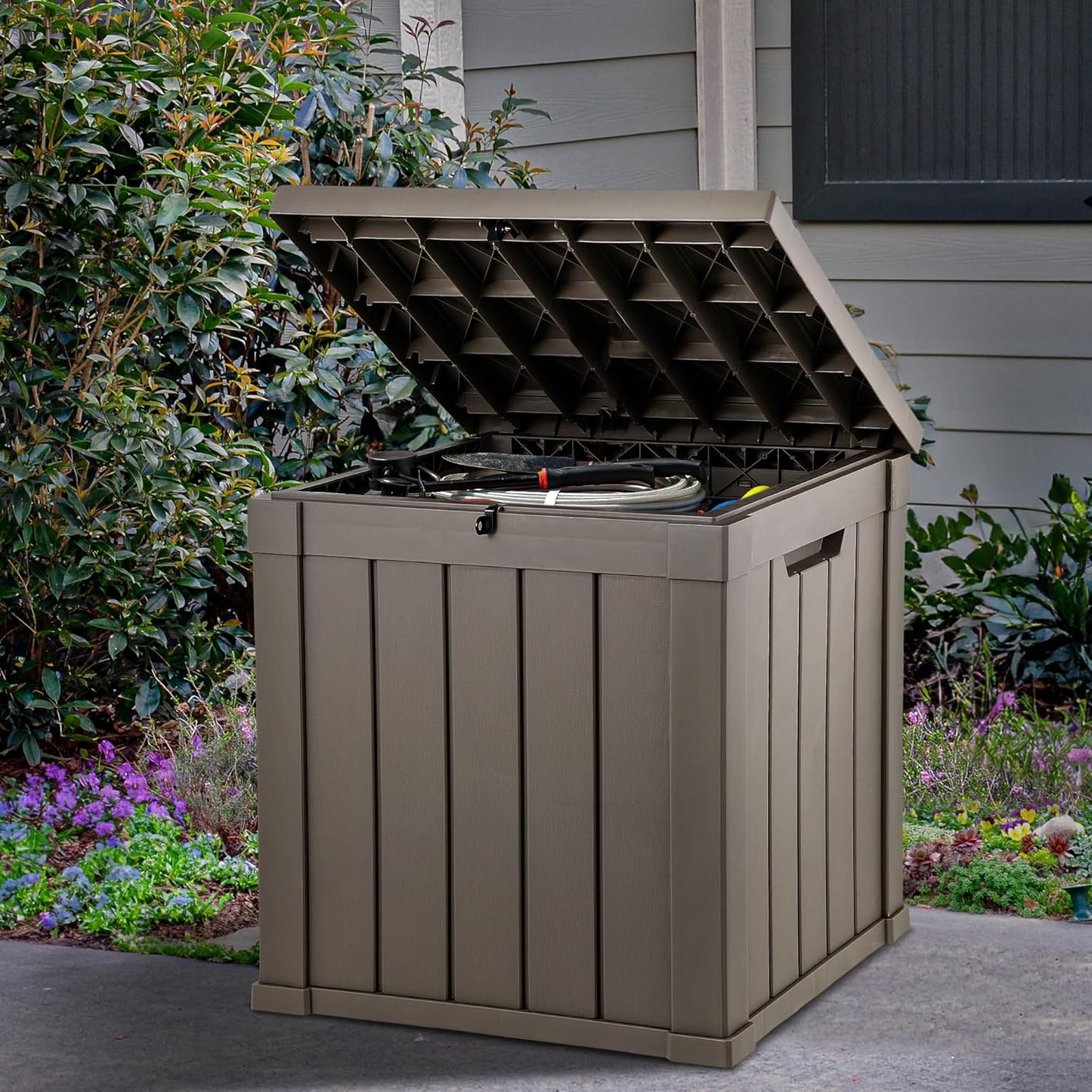 YITAHOME 51 Gallon Outdoor Storage Deck Box, Waterproof Resin Package Delivery and Storage Box with Lockable Lid for Patio Furniture Cushions, Pool Accessories, Garden Tools, Taupe