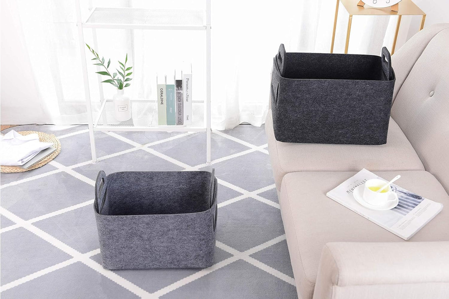 Minoisome Storage Basket Felt Storage Bin Collapsible& Convenient Box Organizer with Carry Handles for Office Bedroom Closet Babies Nursery Toys Laundry (Dark grey, 15.7inch（L）×11inch（W）×10inch（H）)