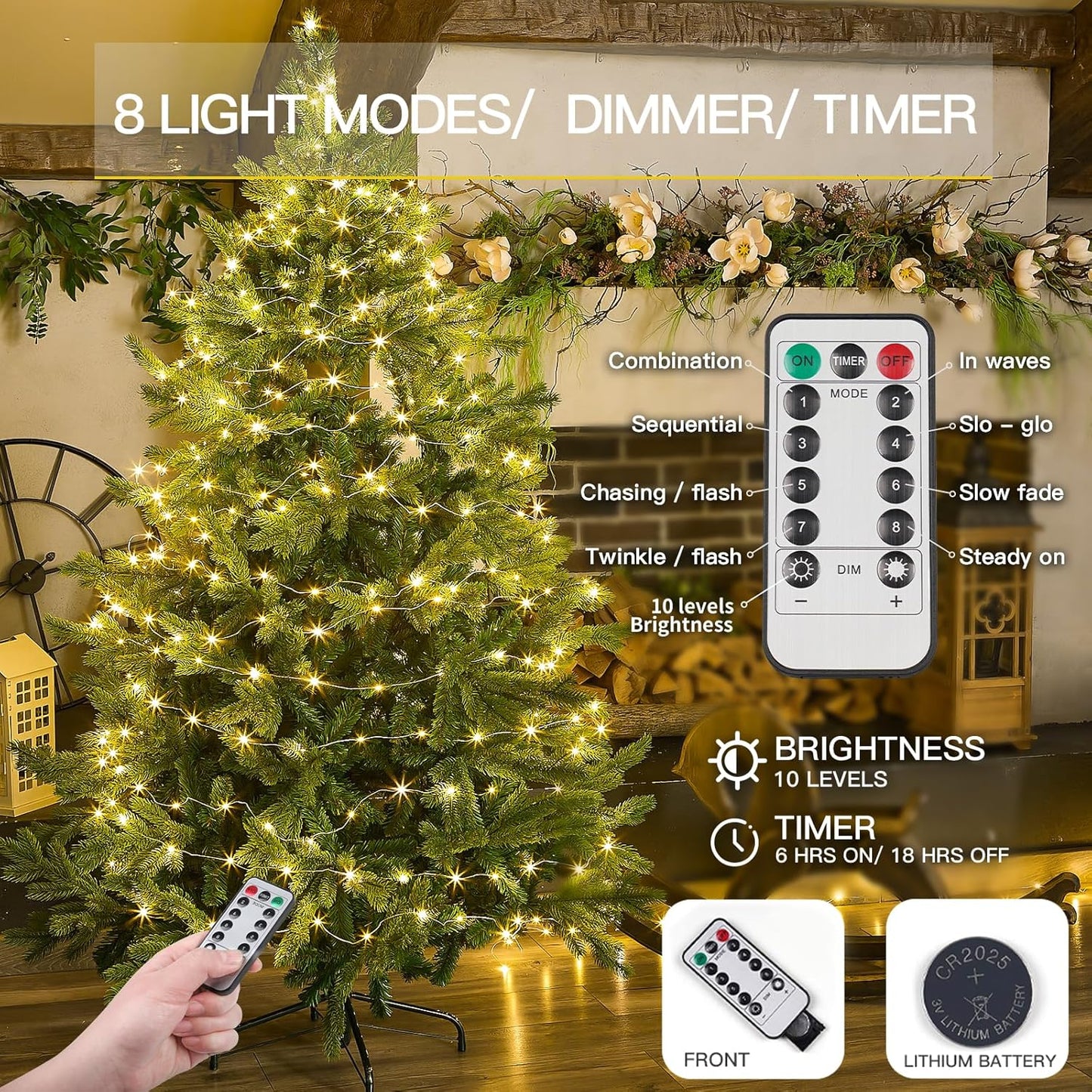 suddus 33ft 100 LED Outdoor String Lights, Warm White Fairy Lights Battery Operated with Remote, Led Twinkle Lights for Bedroom, Dorm, Backyard, Wedding, Tree, Mason Jar, Wall, Christmas