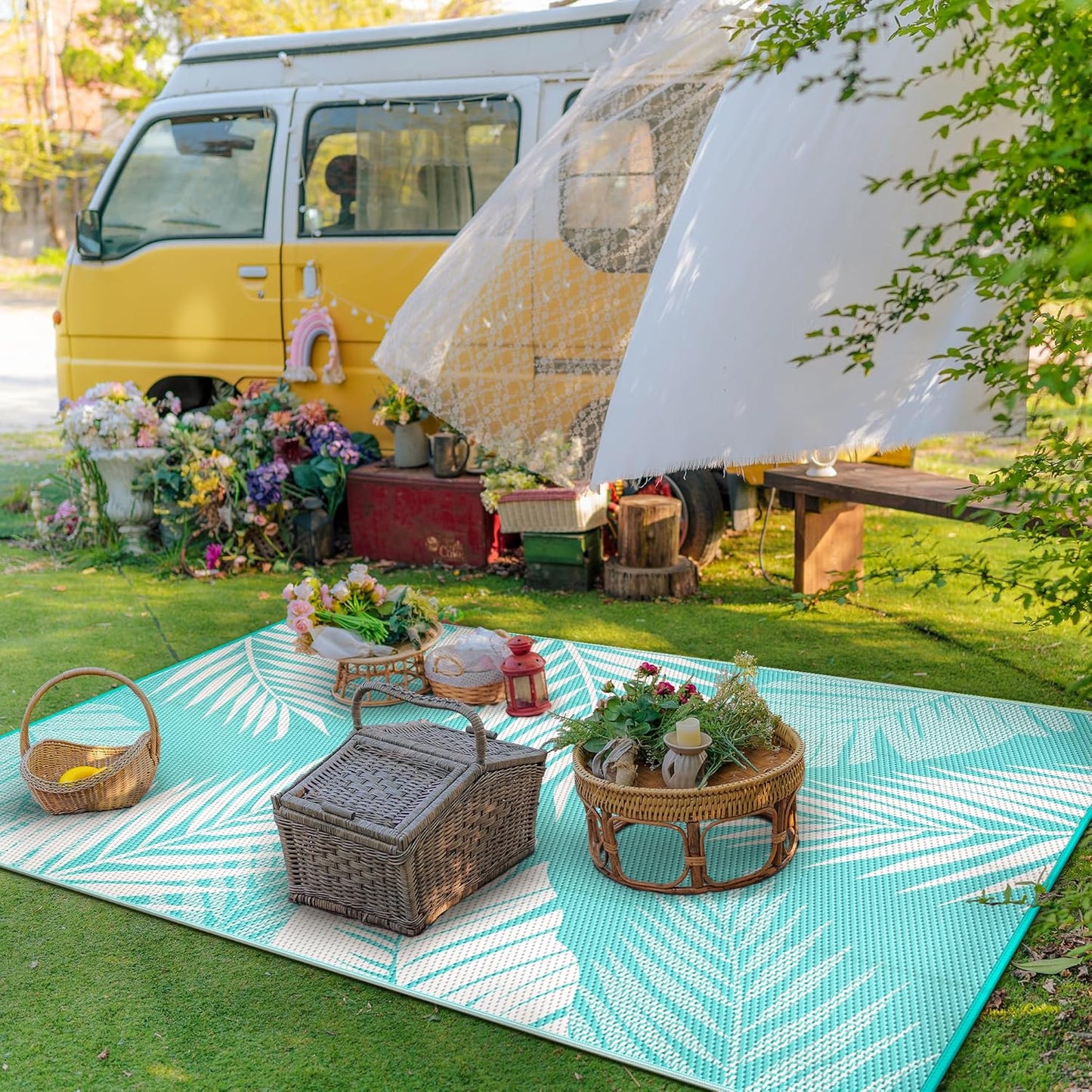 GENIMO Outdoor Rug 9' x 12' Waterproof for Patios Clearance, Reversible Outdoor Plastic Straw Camping Rug Carpet, Large Area Rugs Mats for RV, Camper, Deck, Balcony, Porch, Beach, Aqua Blue&White