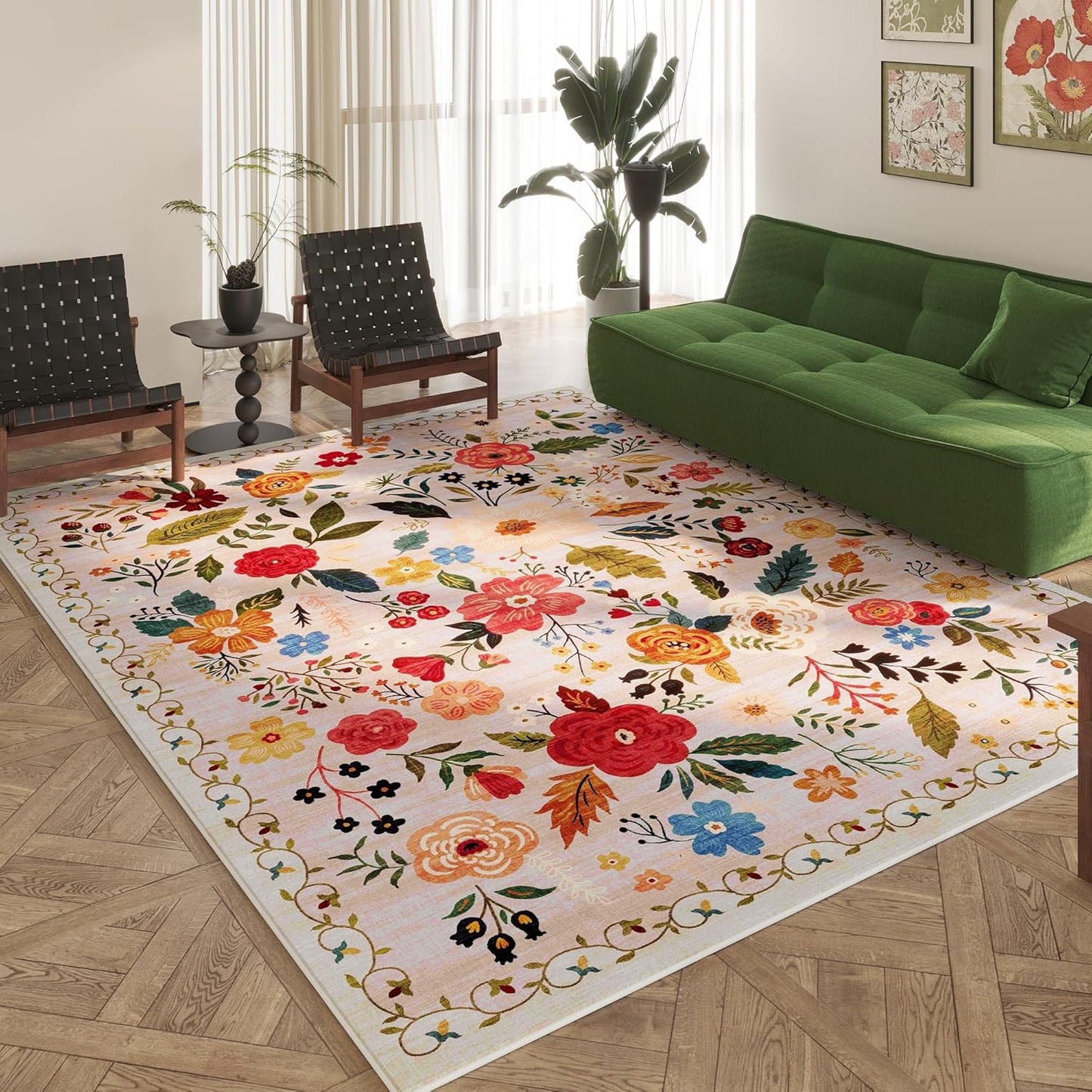 Living Room Rug 6x9 Rug Machine Washable Boho Area Rug Non Slip Floral Vintage Low Pile Large Rug for Living Room, Bedroom, Farmhouse, Dining Room, Kids Playroom(Beige)