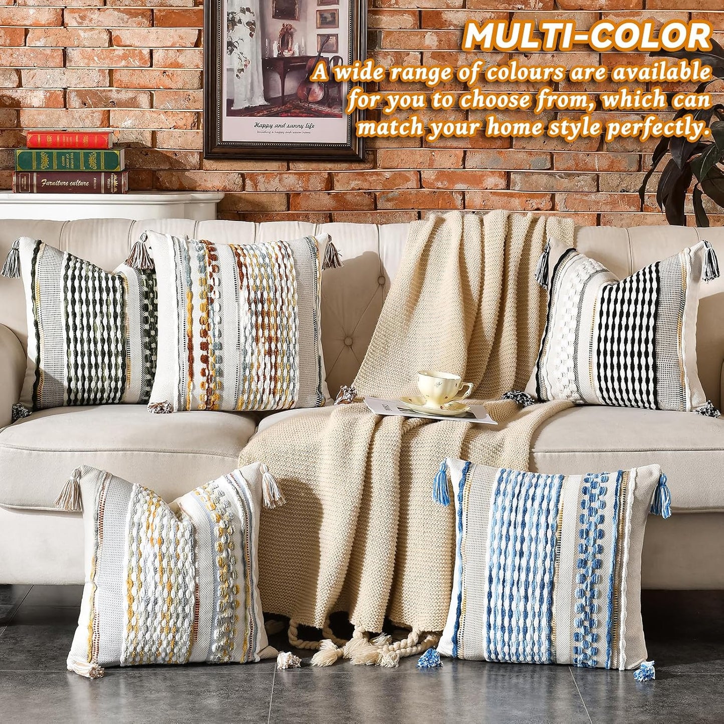 AmHoo Chenille Striped Textured Boho Throw Pillow Covers Aesthetic with Tassels Woven Decorative Pillow Case for Couch Bed Sofa Bedroom Modern Funky 18 x 18-Inch Brown