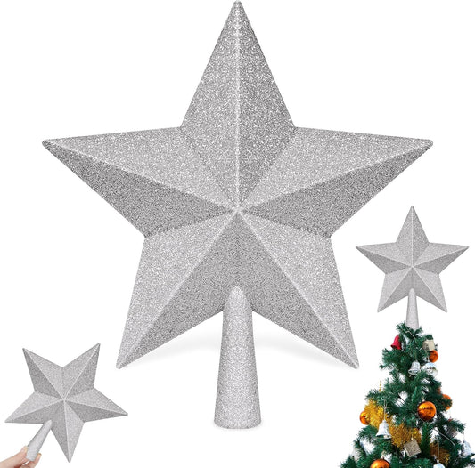 Christmas Tree Decoration, 10" Silver Christmas Tree Topper with Glitter, Large Bethlehem Star Xmas Tree Topper Decor, Waterproof Shatterproof Tree Topper for Christmas Holiday Home Indoor Outdoor