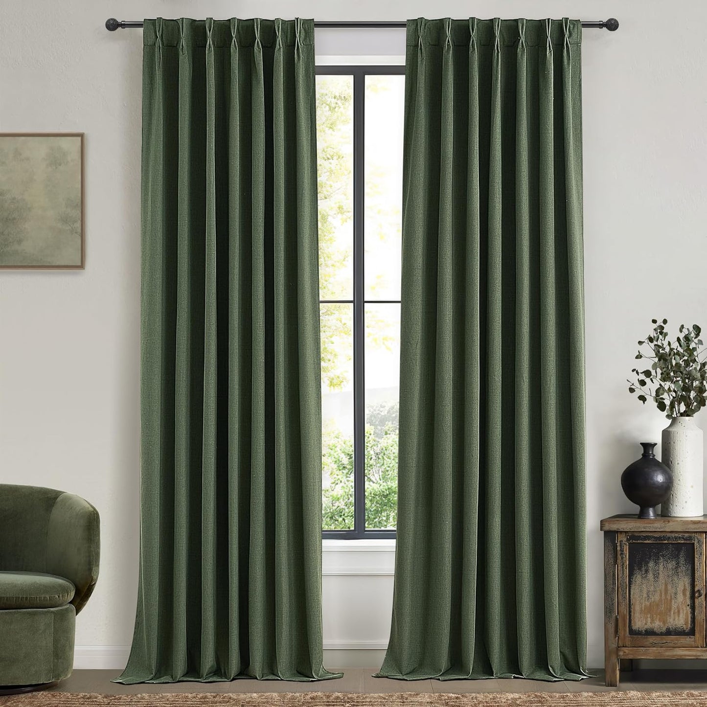 Lush Decor 120 Inch/10ft Long Insulated Back Tab Pinch Pleated Curtains, Linen Olive Green Linen Blackout Window Drapes 2 Panels, Room Darkening Extra Long Tall Curtains for Living Room