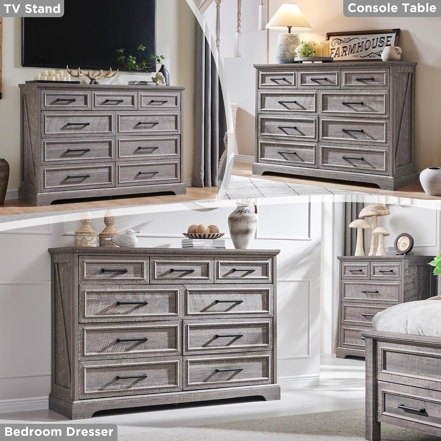 Farmhouse 9 Drawer Dresser for Bedroom, 36 Inch Tall Modern Dresser TV Stand with Large Drawers & Bar Handles, Rustic Wood Chest of Drawers for Bedroom, Living Room, Hallway, Grey