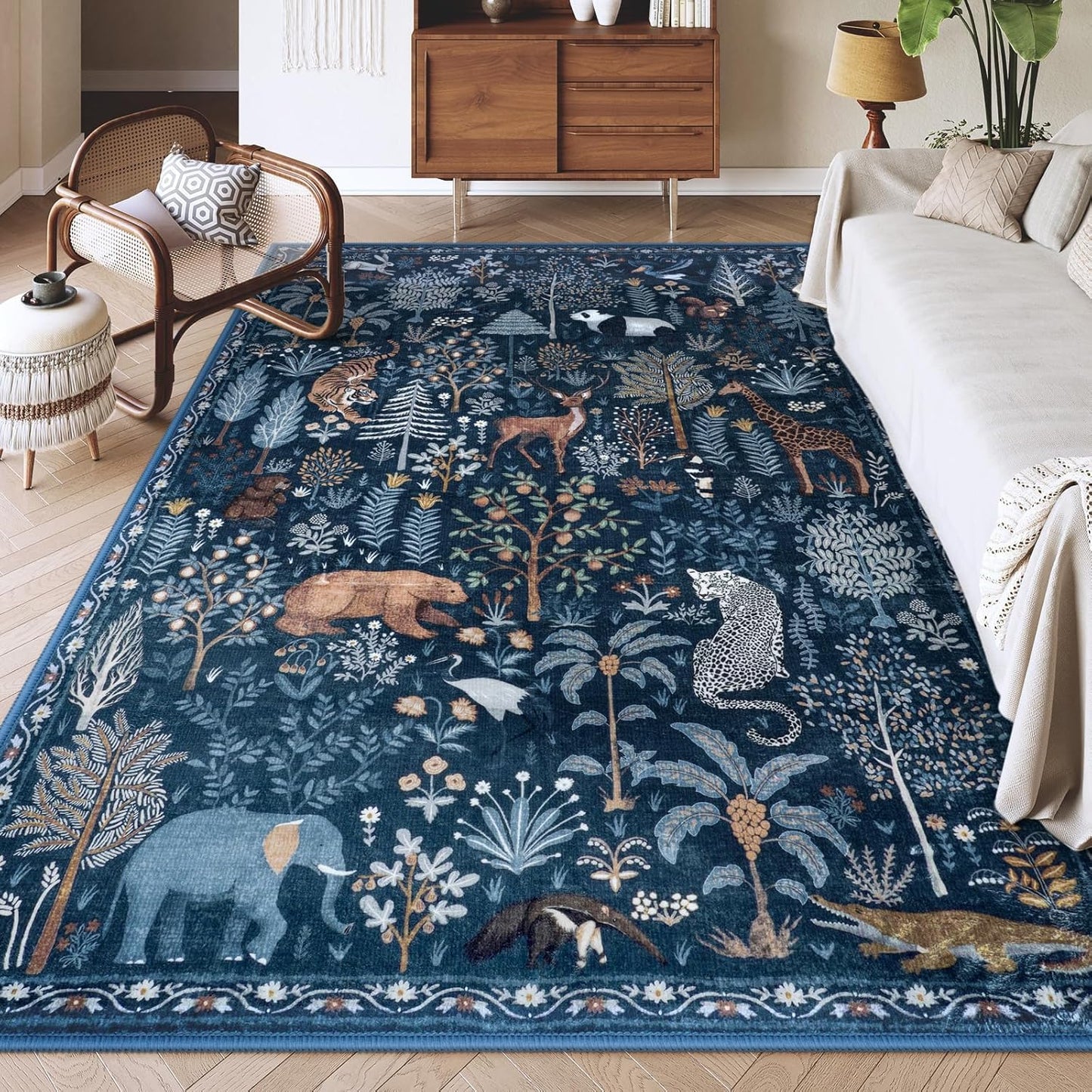 OJIA Jungle Print Rugs for Living Room 8x10 Washable Area Rugs for Bedroom, Modern Non-Slip Ultra-Thin Soft Large Carpet Non-Shedding Nursery Rug for Teens Kids Playroom Dining Room Home Decor