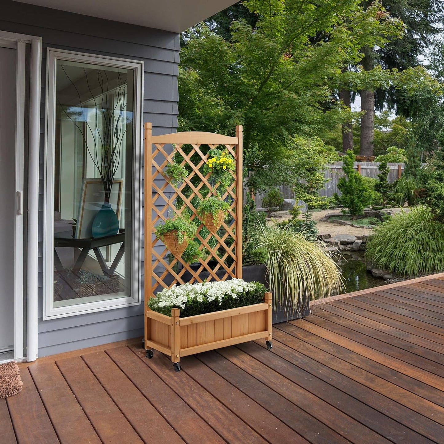 Casafield Set of Two 48" Raised Garden Bed with Trellis - Wooden Diamond Lattice for Climbing Plants and Planter Box with Drainage Holes and Wheels