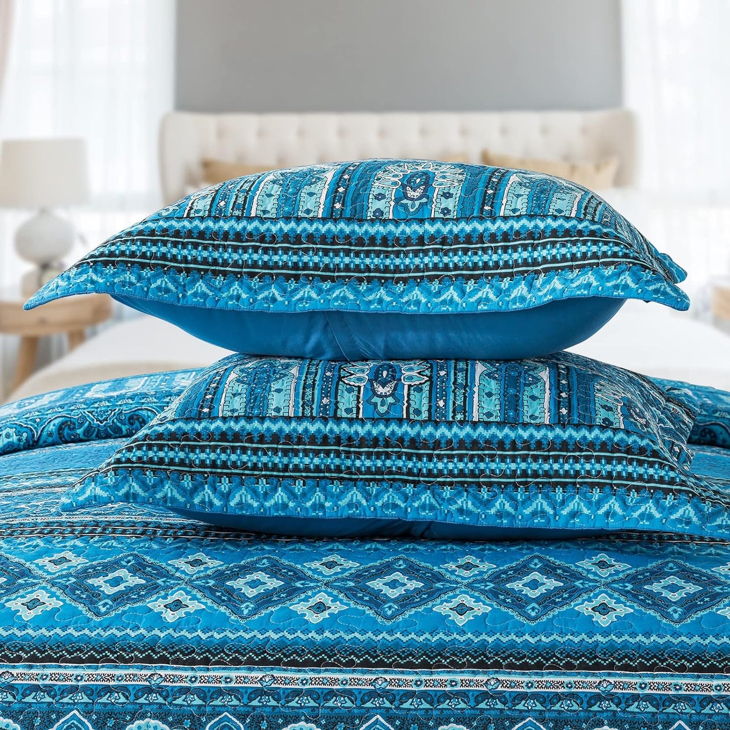 VAPUTAR Cotton Quilt Queen Size Bedding Set - 3 Pieces Queen Quilt Bedding Set, Boho Queen Size Quilts, Lightweight Reversible Coverlets Bedspreads for Farmhouse Bedroom (Blue)