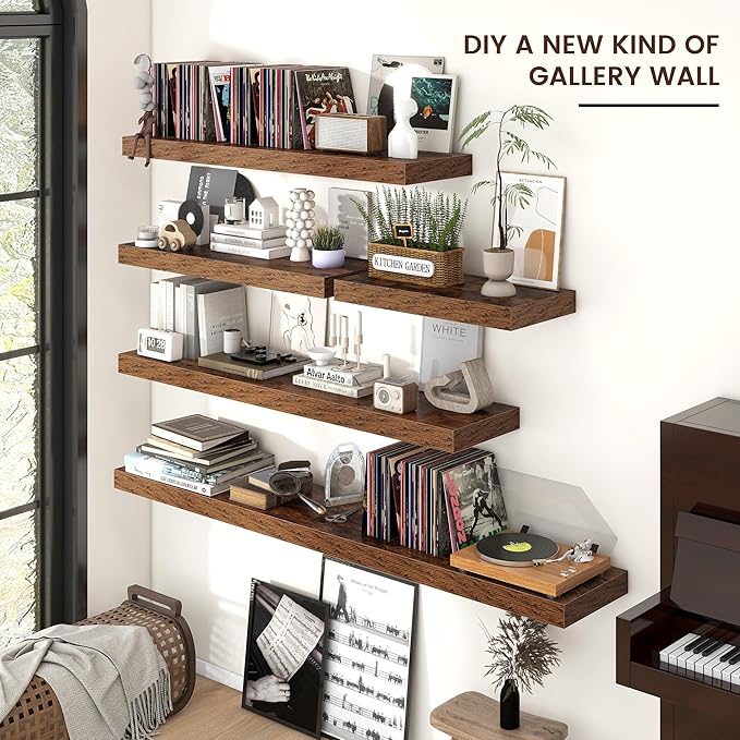 Floating Shelves for Wall, Large Wall Mounted Shelves with Invisible Brackets, Long Wood Floating Shelf for Living Room, Bedroom, Kitchen, (Brown, 72" W x 9" D x 1.5" H)