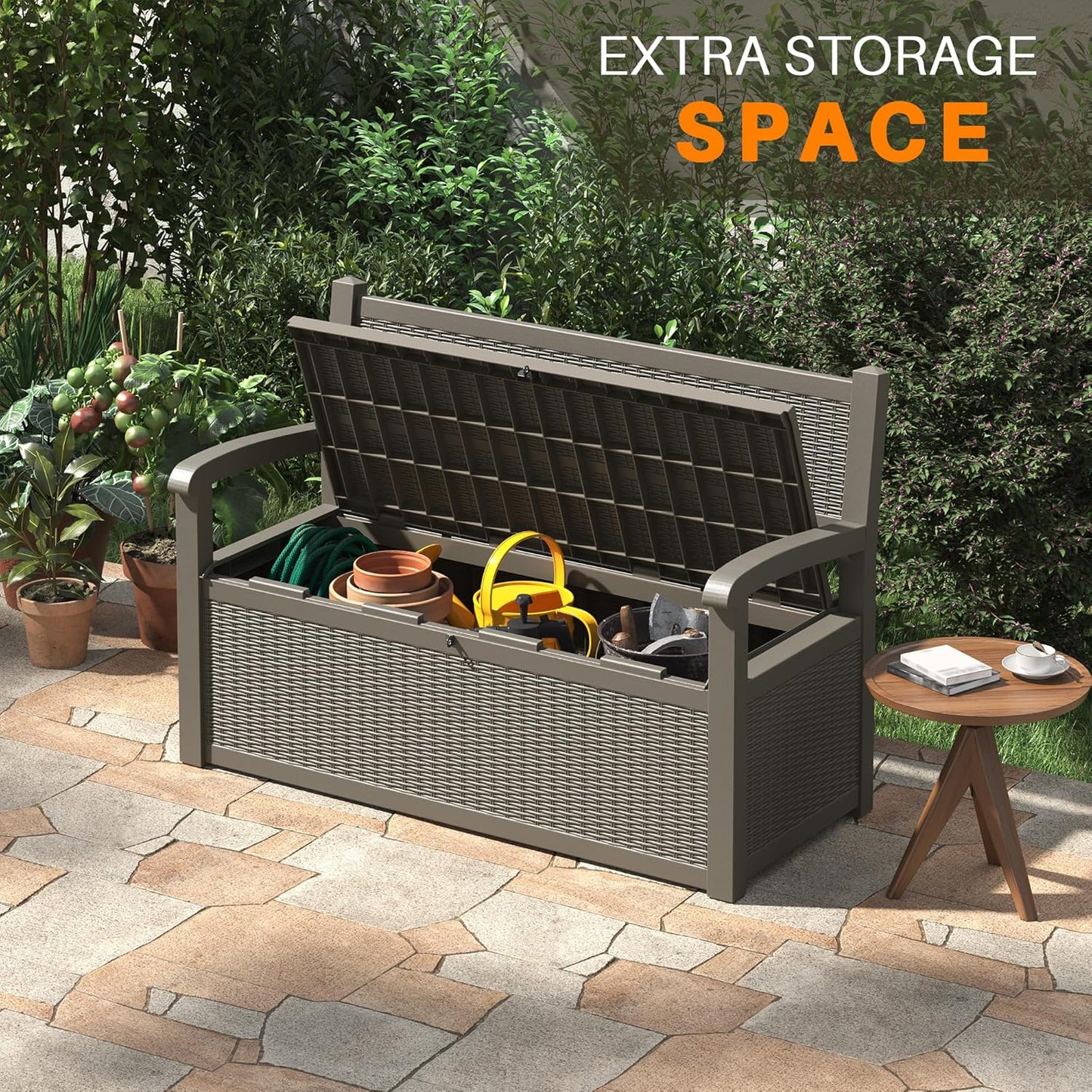 70 Gallon Outdoor Storage Box, Resin Patio Furniture with Armrest, Lockable Deck Box with Waterproof and UV Resistant for Patio Cushions, Garden Tools and Pool Supplies, Grey
