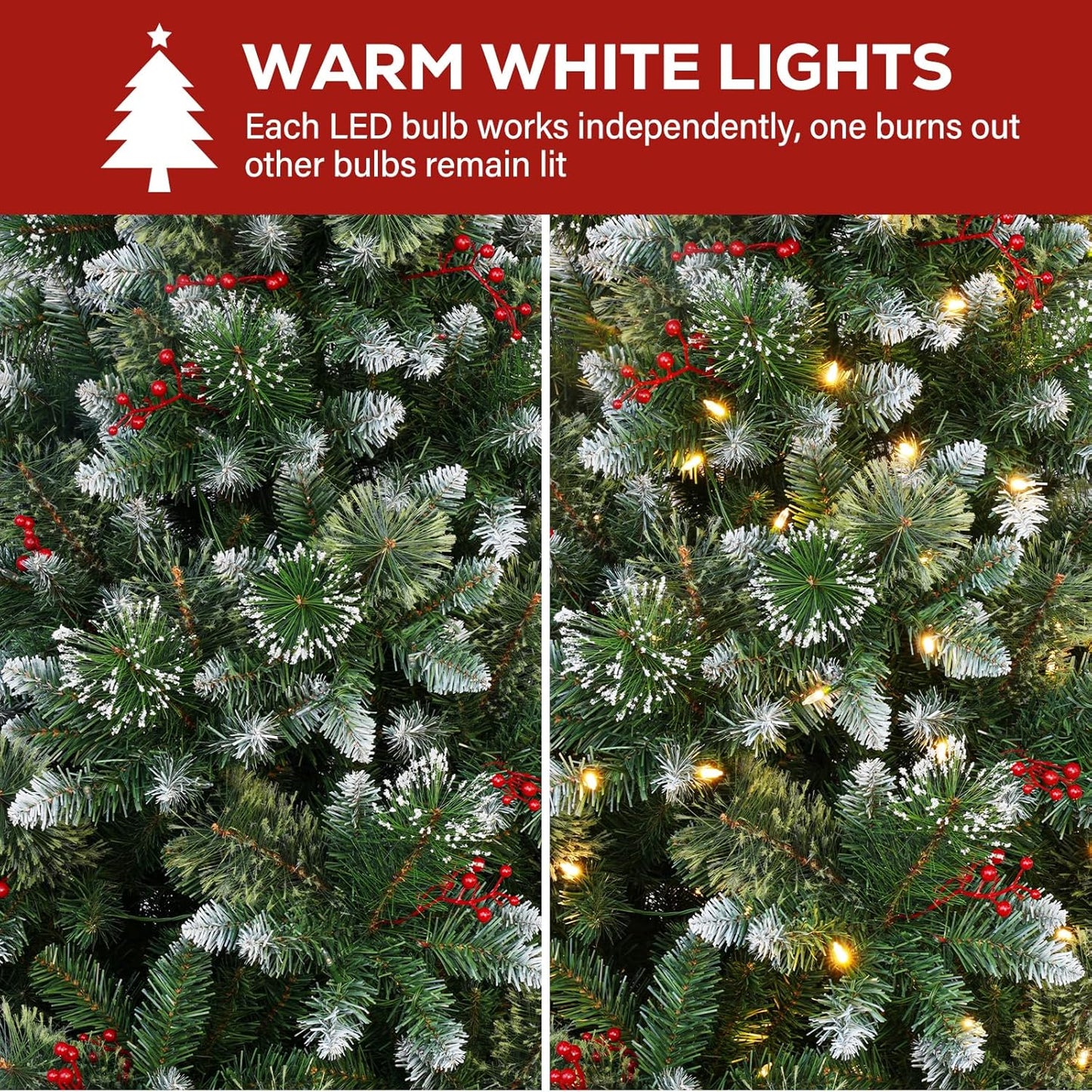 Hykolity 7.5 ft Prelit Artificial Christmas Tree, Partially Frosted Christmas Pine Tree with Red Berries, 350 Warm White Lights, 1372 PVC Branch Tips, Metal Stand and Hinged Branches