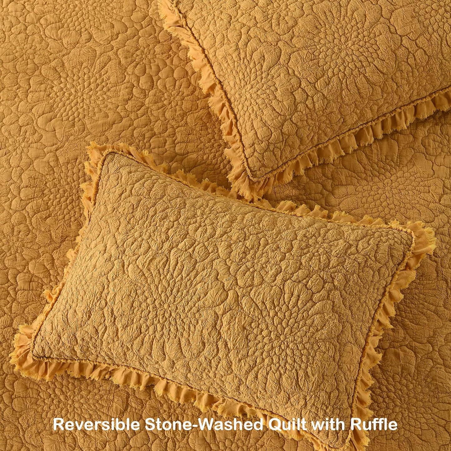 HORIMOTE HOME Yellow Ruffled Quilt Twin Size, Stone-Washed Microfiber Lightweight Crinkled Farmhouse Rustic Shabby Chic Bedding Set, 2 Pieces Reversible Bedspread with Pillow Sham for All Season