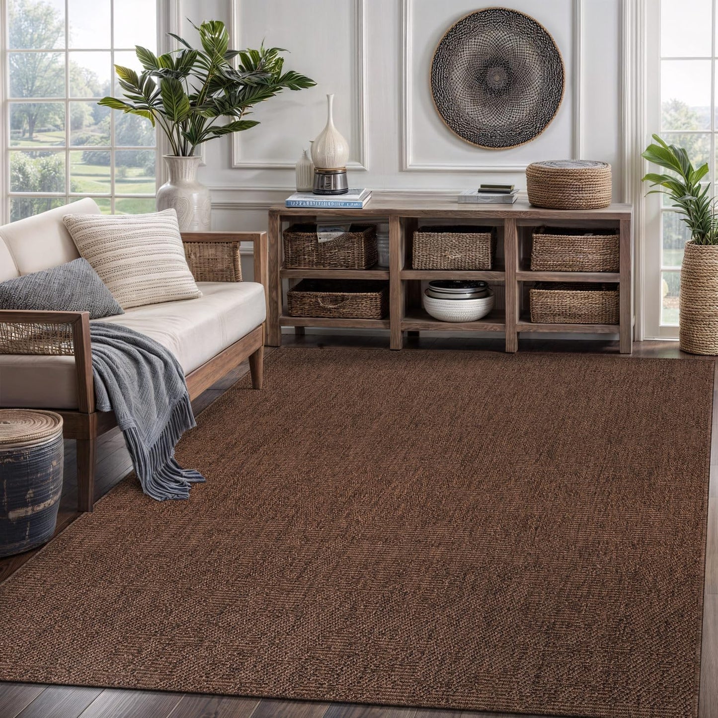 CAMILSON Easy Jute Rug 5x7, Indoor Outdoor Brown Color Fiber Area Rugs for Living Room Patio and Kitchen Rug, Solid Boho Woven Design, Easy-Cleaning, Washable Outside Carpet Alfombras (5 x 7)