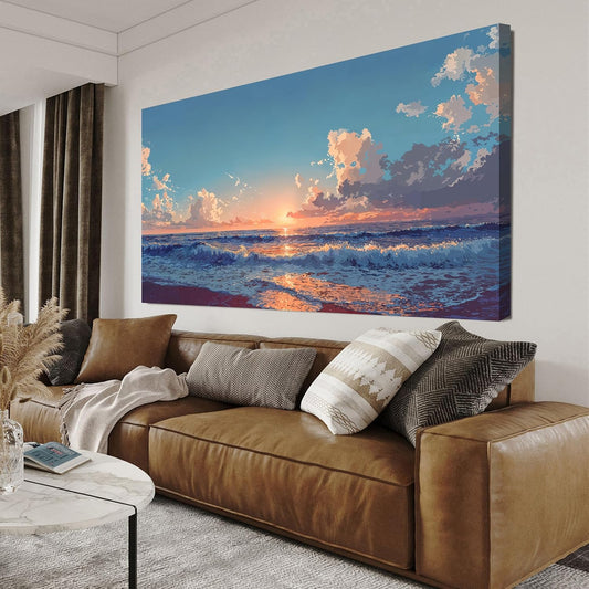 Canvas Wall Art Decor Blue Beach Wall Art Decor large pictures for living room Wall Canvas Art Prints Artwork For Walls Art Decorations Wall Pictures For Bedroom Office Wall Hanging Decor 24" X 48"