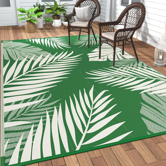 GENIMO Outdoor Rug 9' x 12' Waterproof for Patios Clearance, Reversible Outdoor Plastic Straw Camping Rug Carpet, Large Area Rugs Mats for RV, Picnic, Backyard, Deck, Balcony, Porch, Dark Green&White