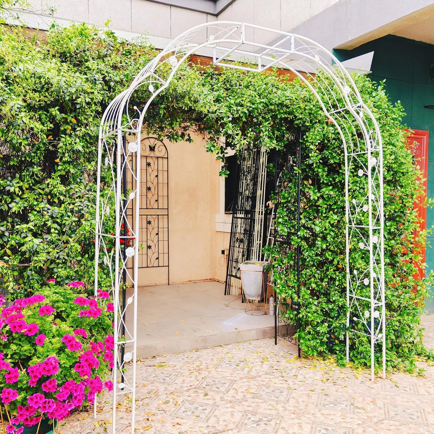 Metal Garden Arch 98.4" H Garden Arbor Trellis for Outdoor Climbing Plants Support Rose Lawn Tall Super Large Event Arch(XL, Cream White)
