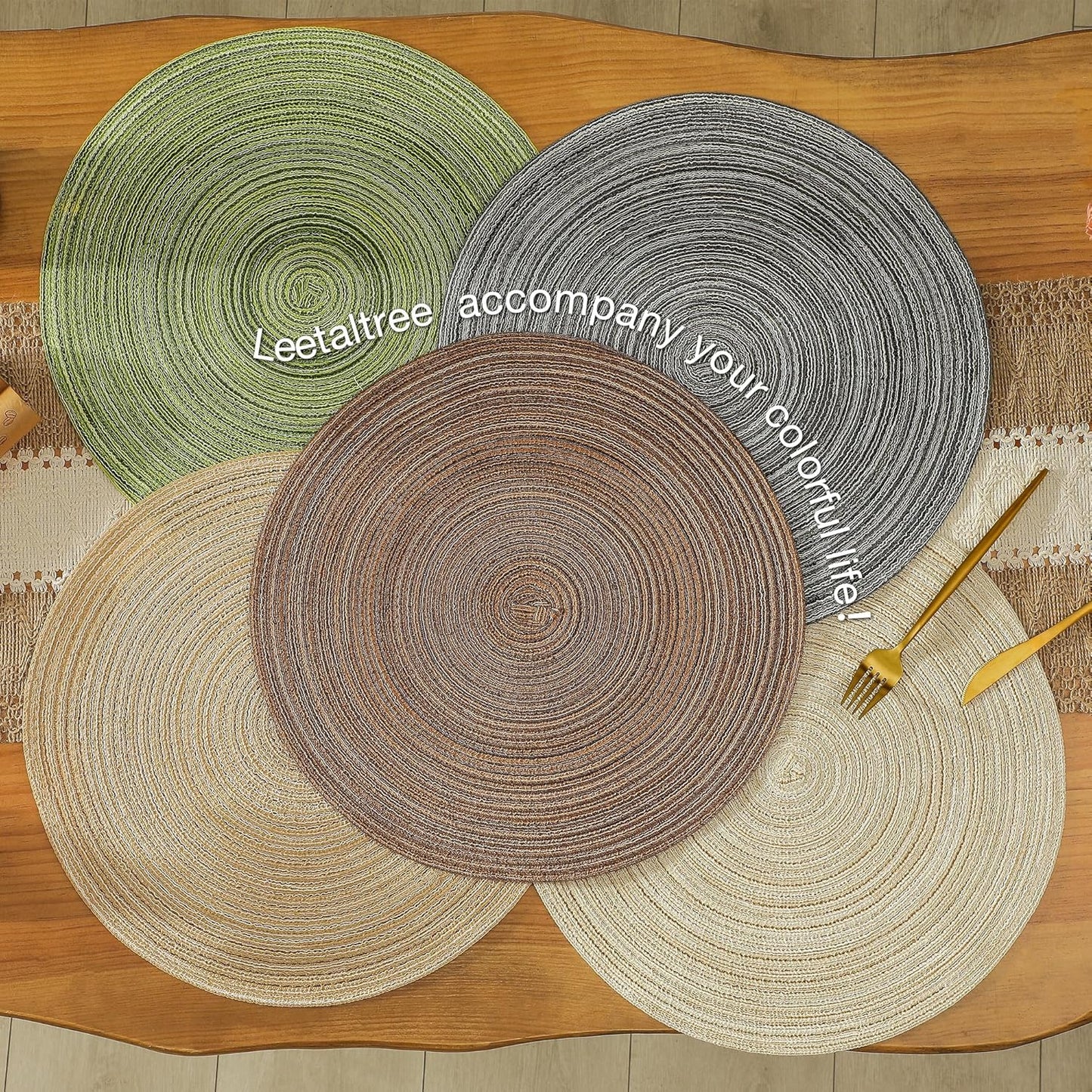 Leetaltree Round Placemats Heat and Slip Resistant Cotton Table Mats, Washable Bohemian Placemats for Dining Tables (White Beige, Set of 6)