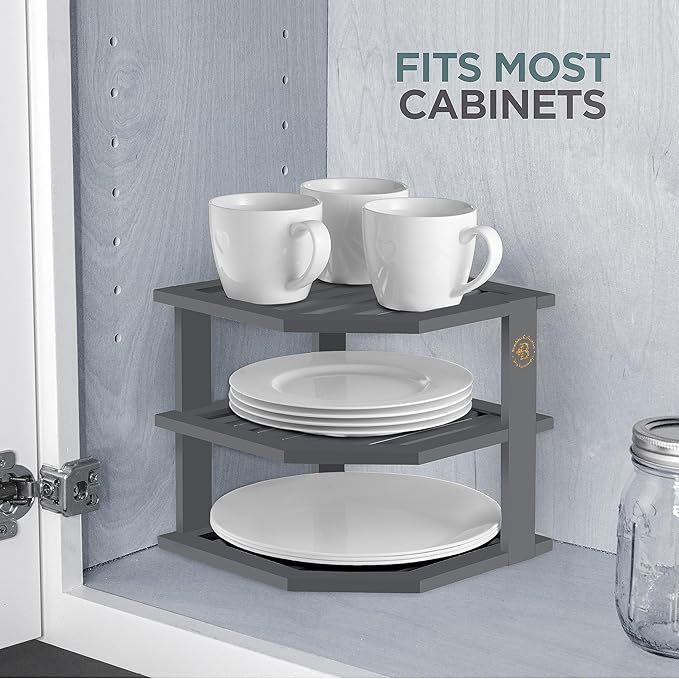 Cabinet Organizer Shelf - Bamboo Corner Rack for Kitchen Counter, Cabinet Space Saver for Plates, Dishes, Bowls, Bread Pantry, Bathroom Storage or Countertop Stand, Grey